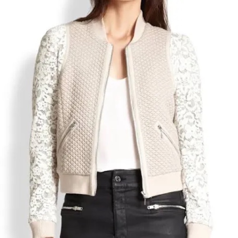 Rebecca Taylor Quilted Bomber Jacket with Lace Sleeves